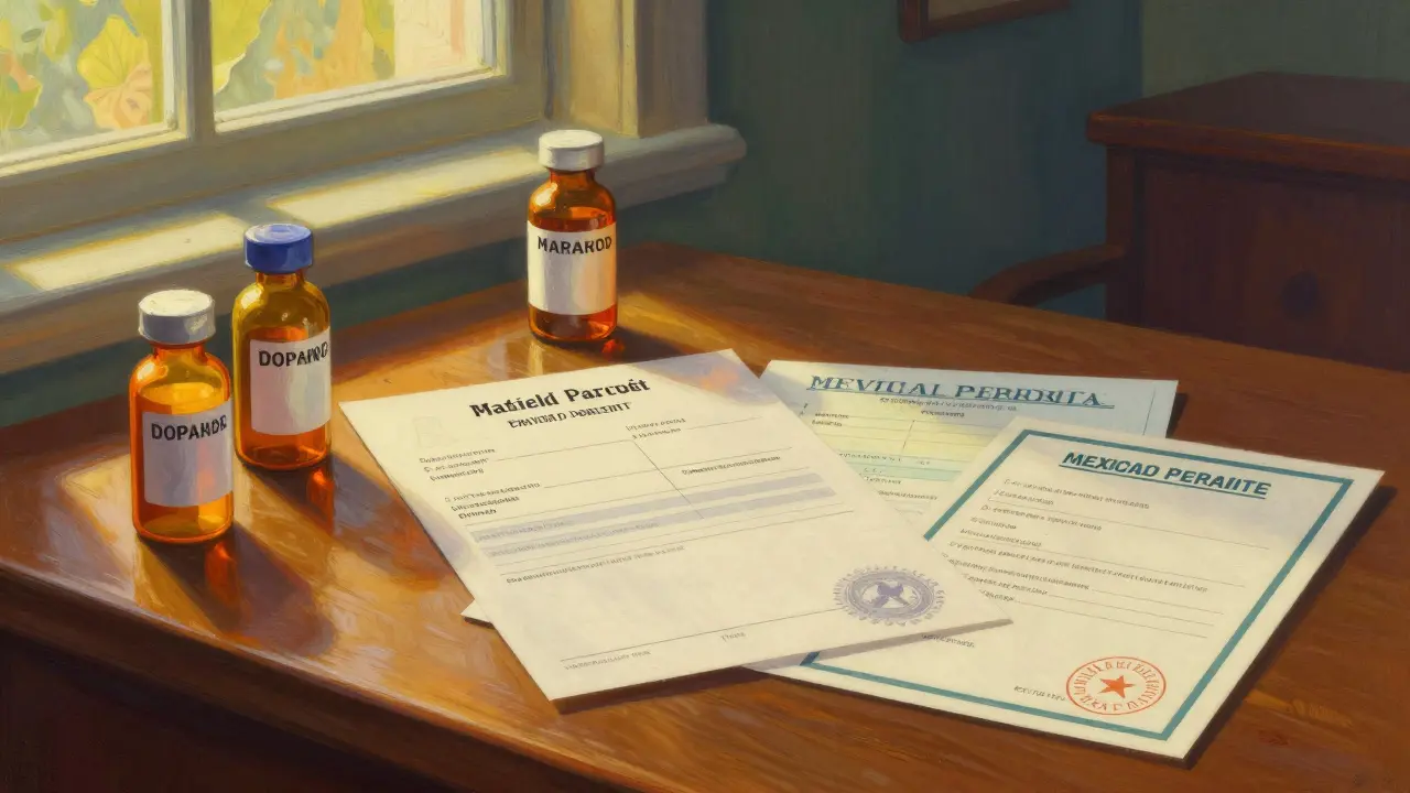 Recetas médicas y frascos de medicinas originales sobre una mesa iluminada