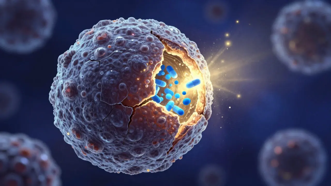 Representación artística de un hongo cuya membrana se debilita para permitir la entrada de un medicamento.