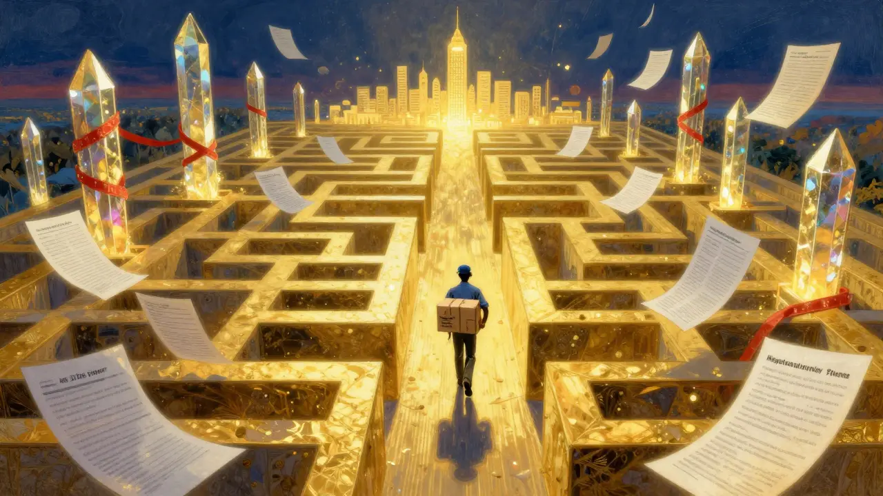 Representación conceptual de un laberinto burocrático que impide la exportación de medicinas.