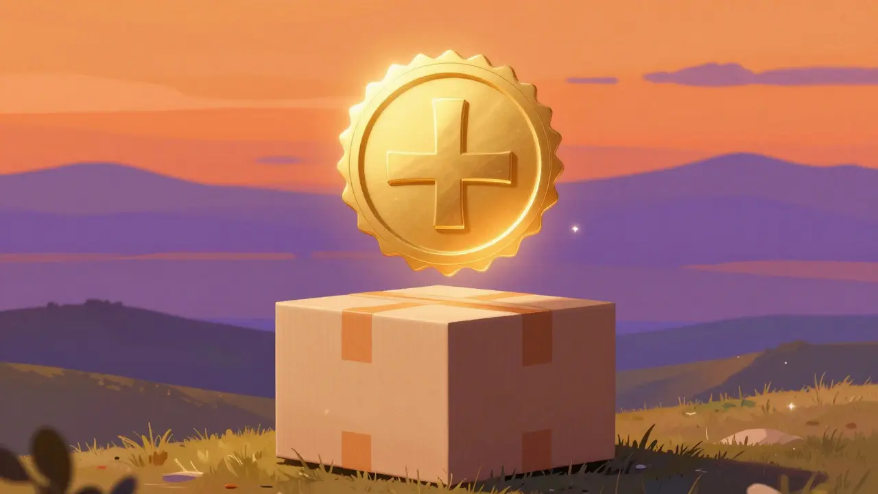 Sello dorado de seguridad sobre un paquete de medicamentos en un paisaje onírico y luminoso.