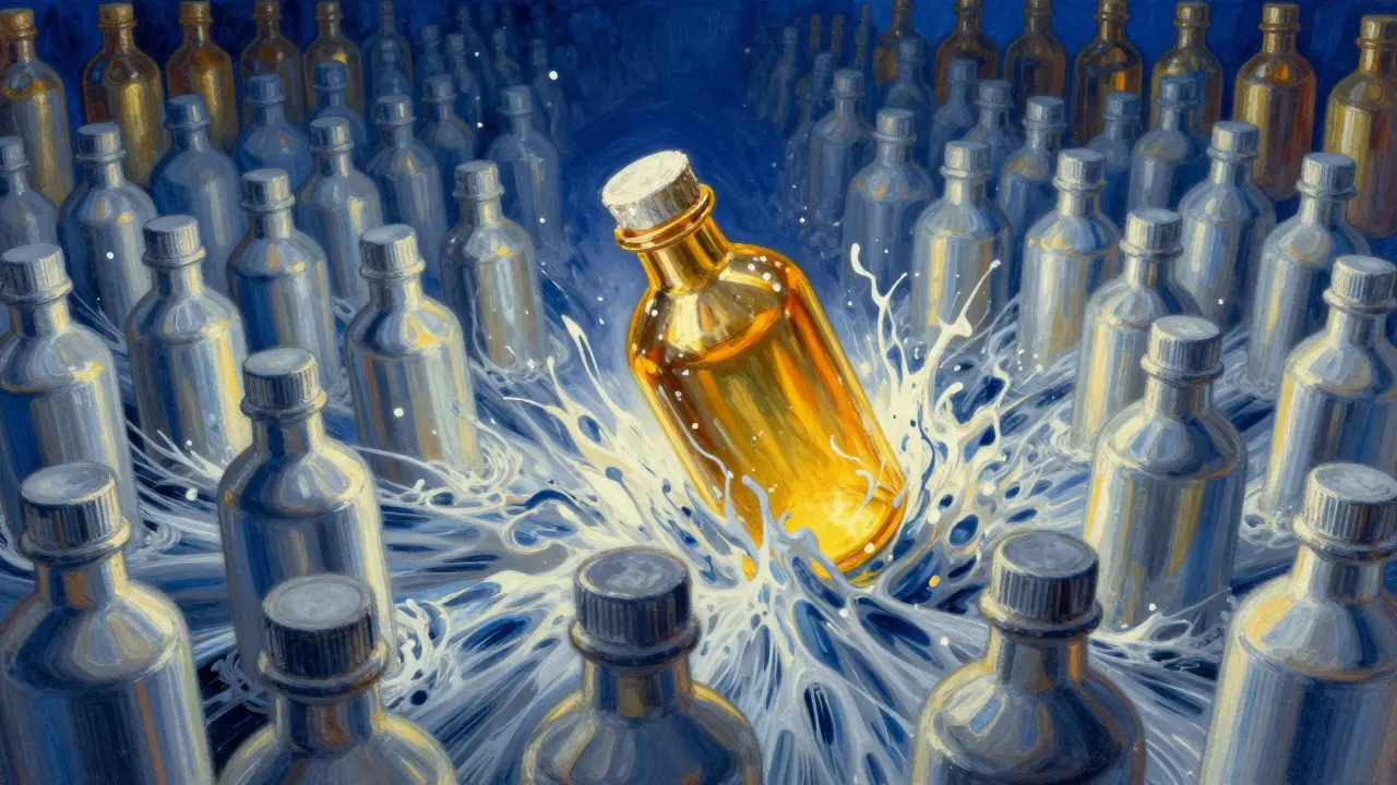 Una botella dorada rodeada por una marea de botellas plateadas en un mercado dinámico.