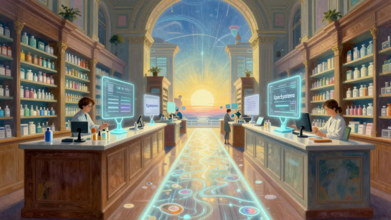 Camino luminoso hacia el futuro de la adherencia terapéutica, fusionando farmacia tradicional y tecnología