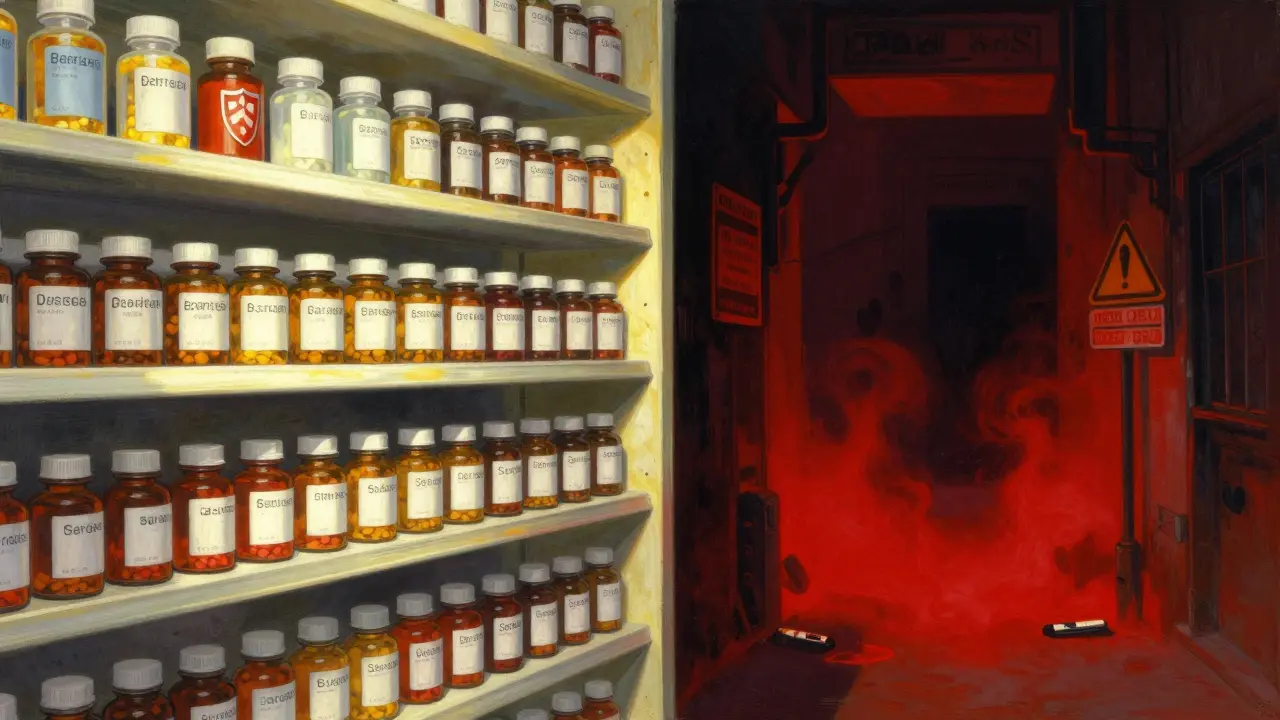 Contraste entre farmacia segura iluminada y calle oscura con medicamentos falsos