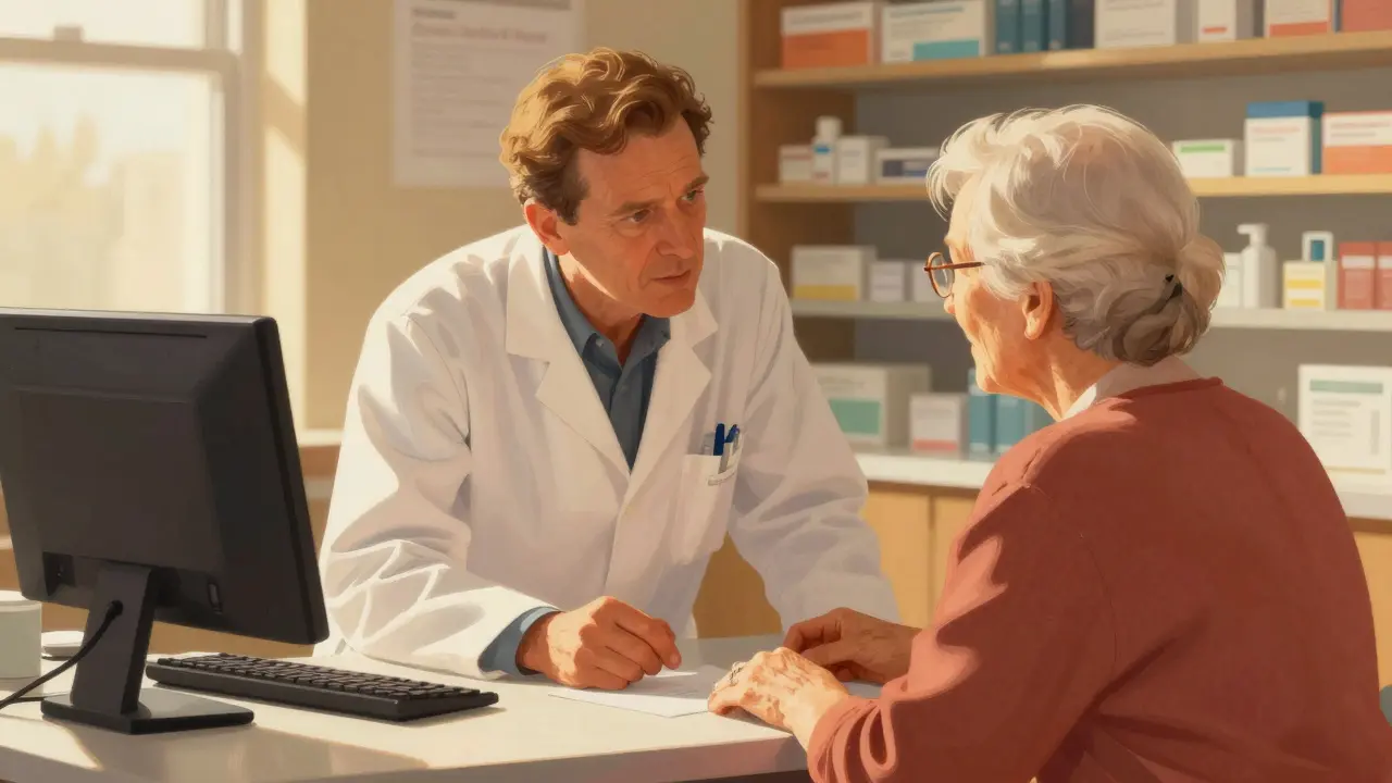 Conversación empática entre farmacéutico y paciente mayor