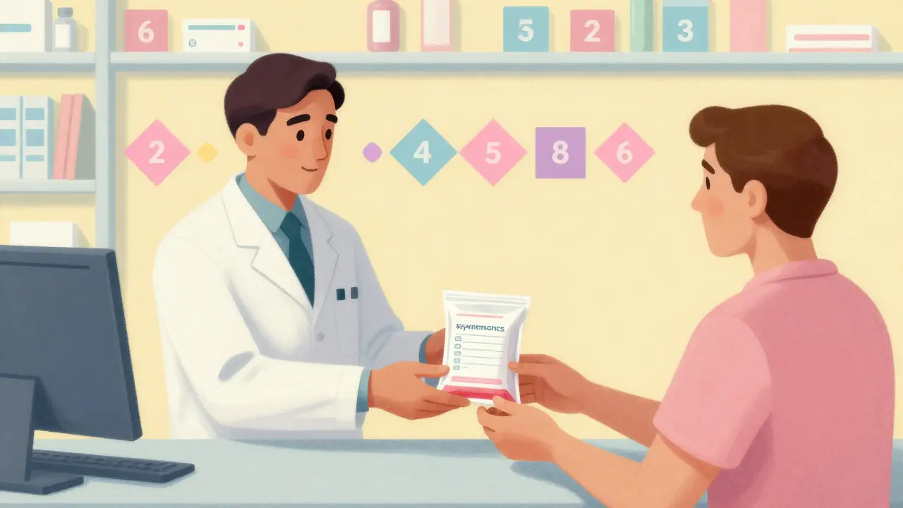 Farmacéutico entregando medicamentos sincronizados en una escena ordenada y serena con colores vibrantes