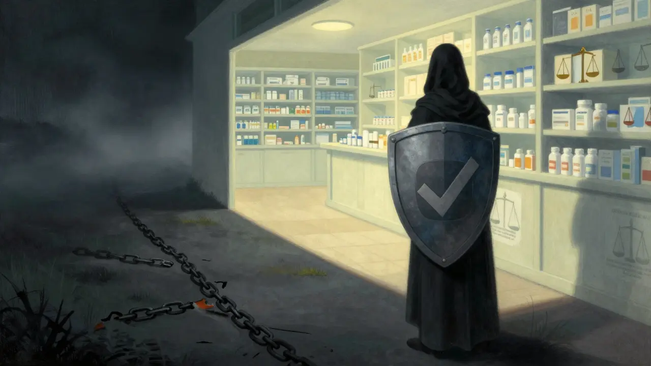 Figura protectora bloqueando un camino oscuro hacia farmacias ilegales en estilo ilustrativo.