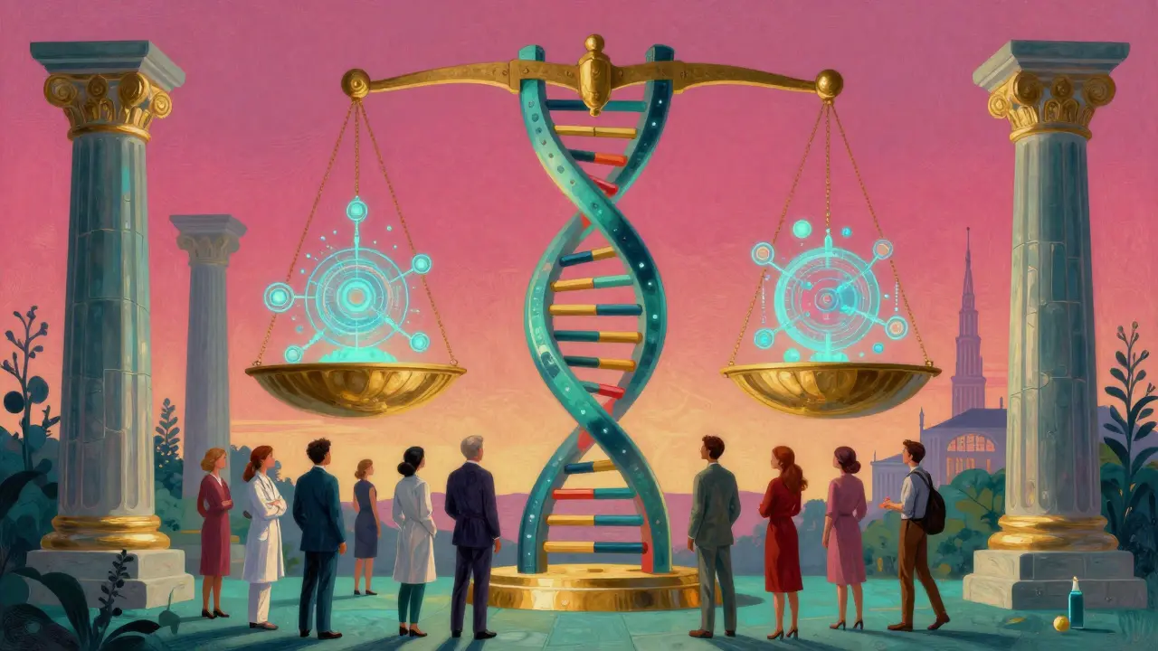 Futuro de medicina personalizada y regulación global con ADN y balanza simbólica