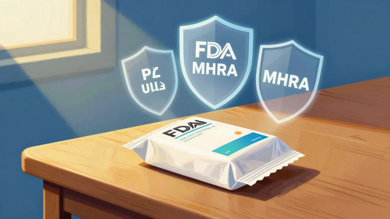 Paquete de medicamentos protegido por escudos regulatorios brillantes