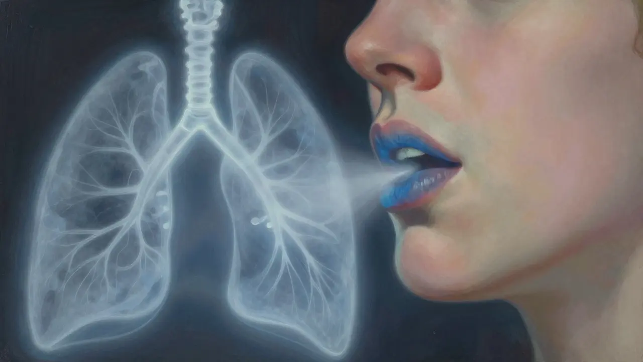 Rostro con labios azulados indicando falta de oxígeno, arte detallado