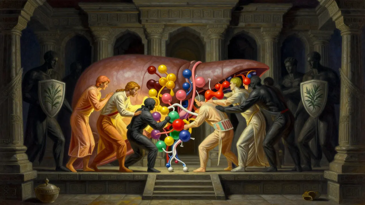Concepto artístico del hígado como templo donde sombras bloquean enzimas, ilustrando la inhibición metabólica.