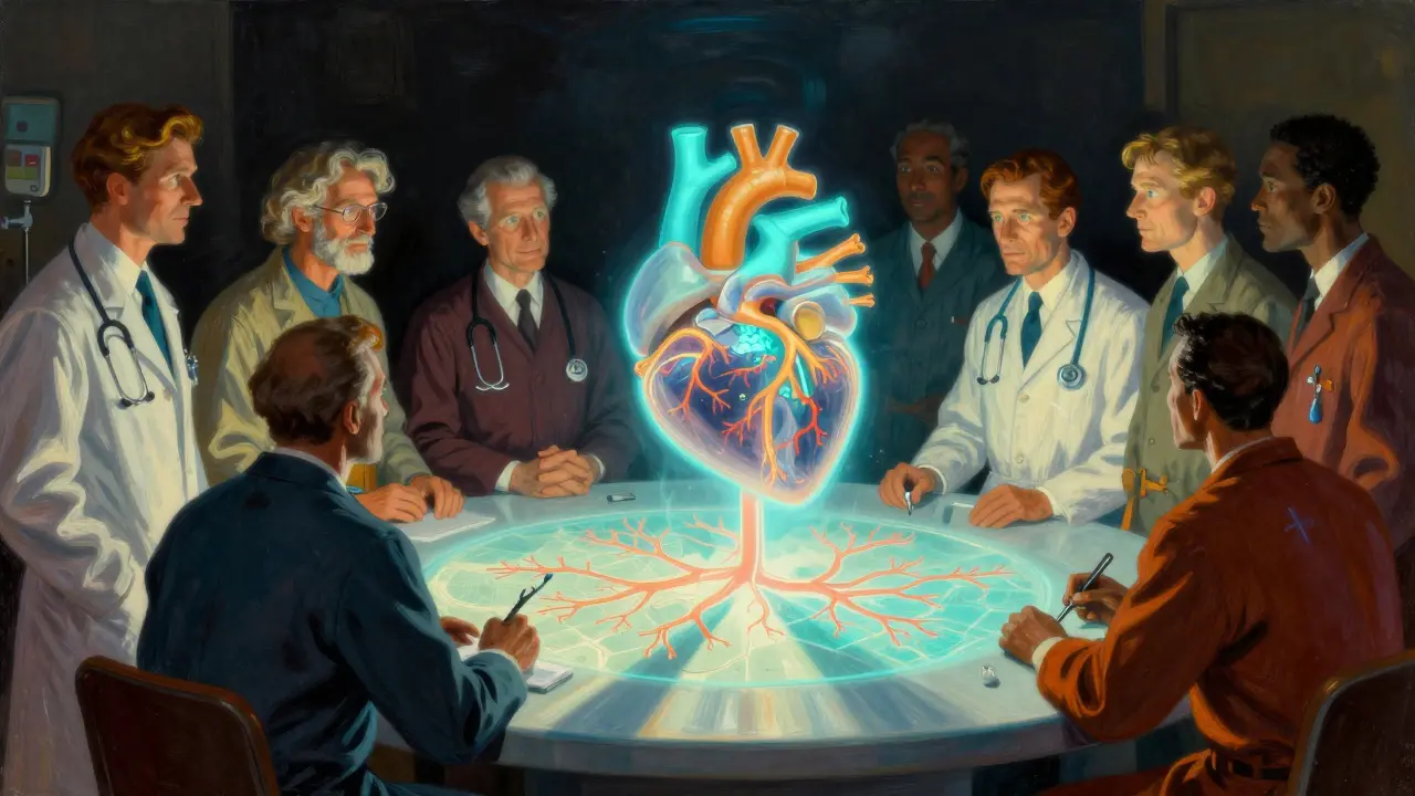 Equipo médico analizando mapa brillante de arterias en estilo ilustrativo