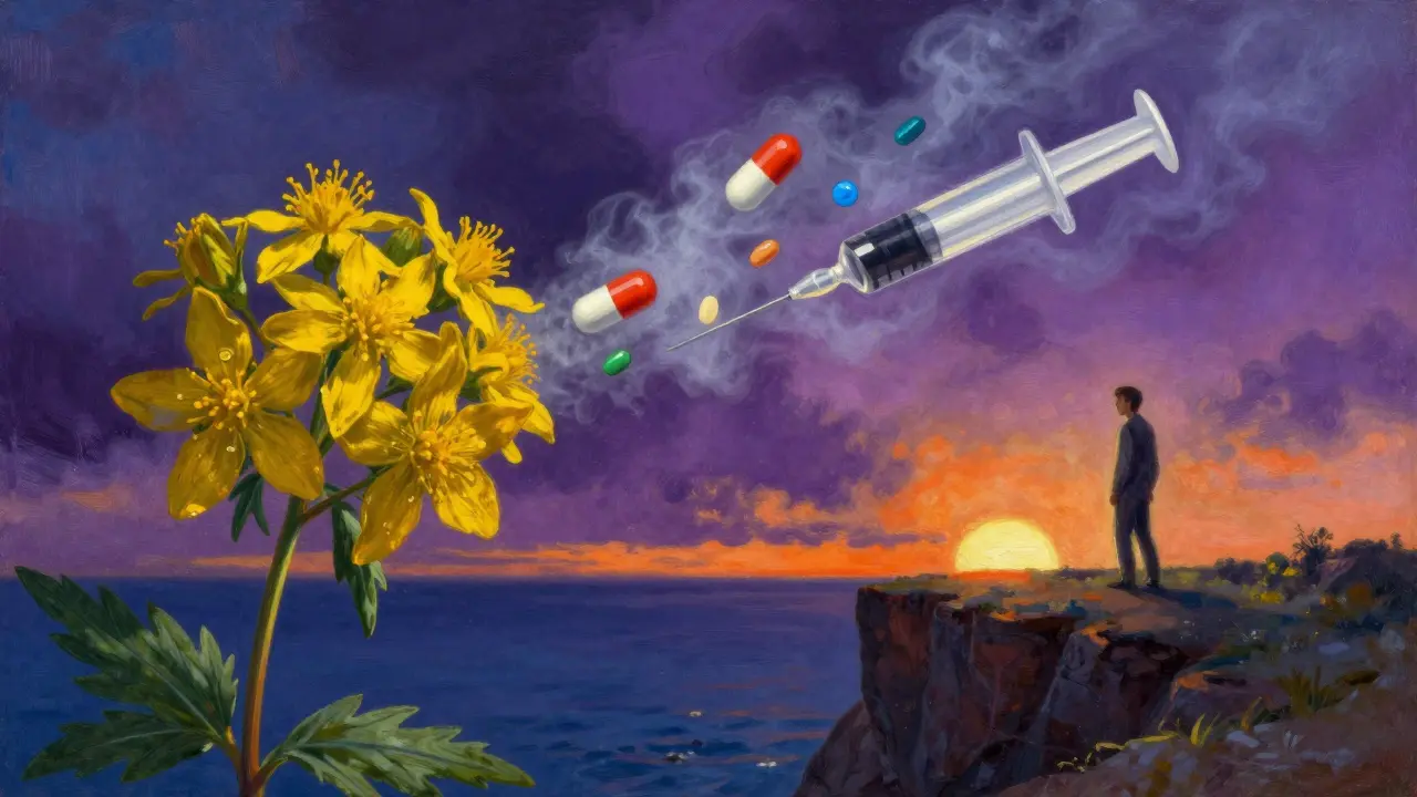 Flor de Hierba de San Juan enfrentándose a pastillas que se desvanecen