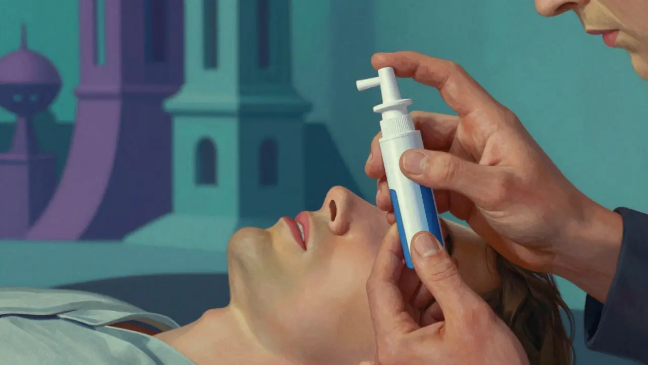 Ilustración artística de manos administrando naloxona nasal a una víctima, con colores vibrantes y estilo de pintura clásica.