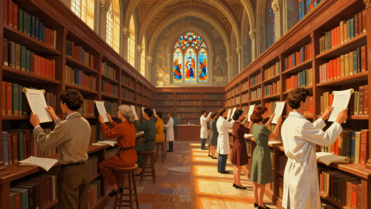 Personas depositando informes en una biblioteca majestuosa que simboliza el sistema MedWatch.