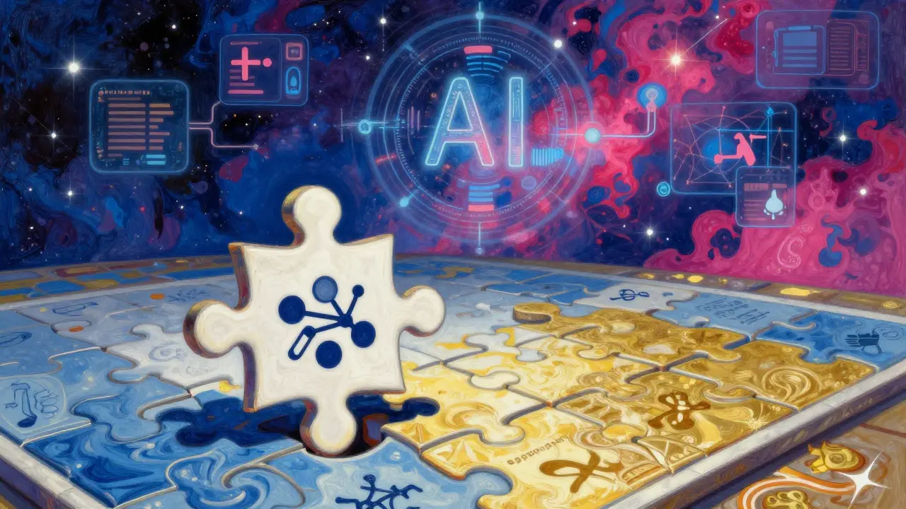Pieza de rompecabezas médica encajando en un mosaico con elementos tecnológicos futuristas.
