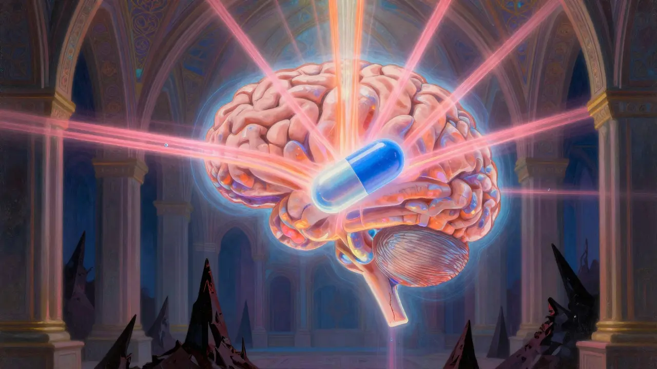 Catedral cristalina representando el cerebro con luces de neurotransmisores estabilizadas por una píldora azul