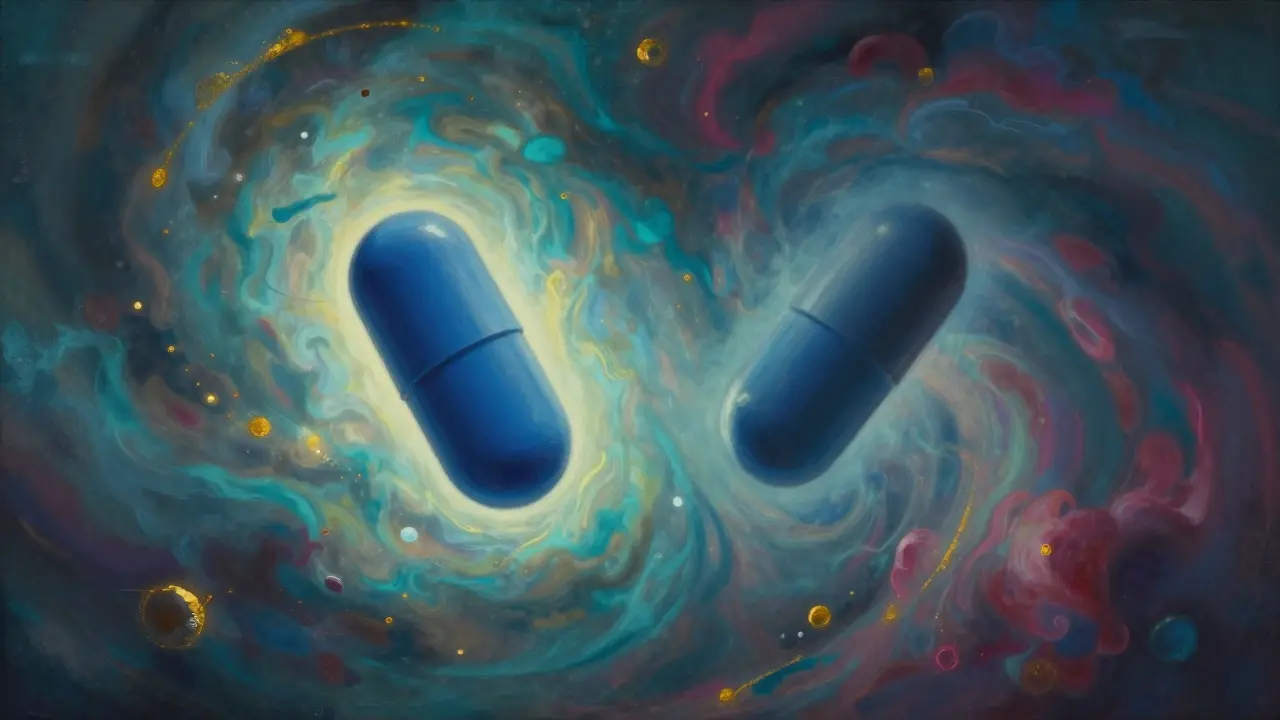 Comparación simbólica de pastillas genéricas y de marca con iluminación dramática