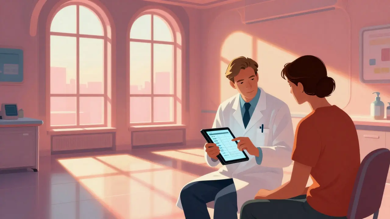 Consulta médica serena con luz cálida, revisando dosis seguras en una tableta digital