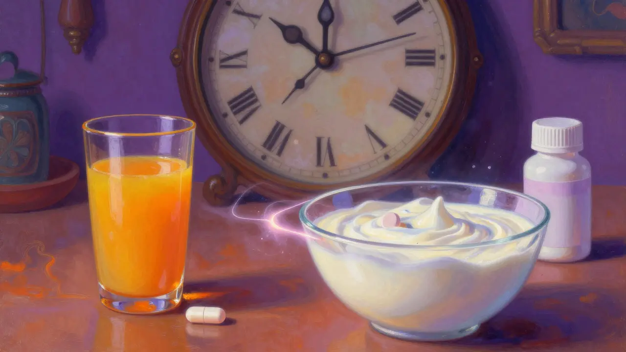Escena mágica mostrando jugo y hierro separados de lácteos y medicinas