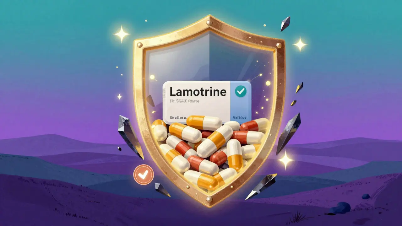 Escudo brillante protege pastillas genéricas seguras de amenazas oscuras en estilo ilustrativo
