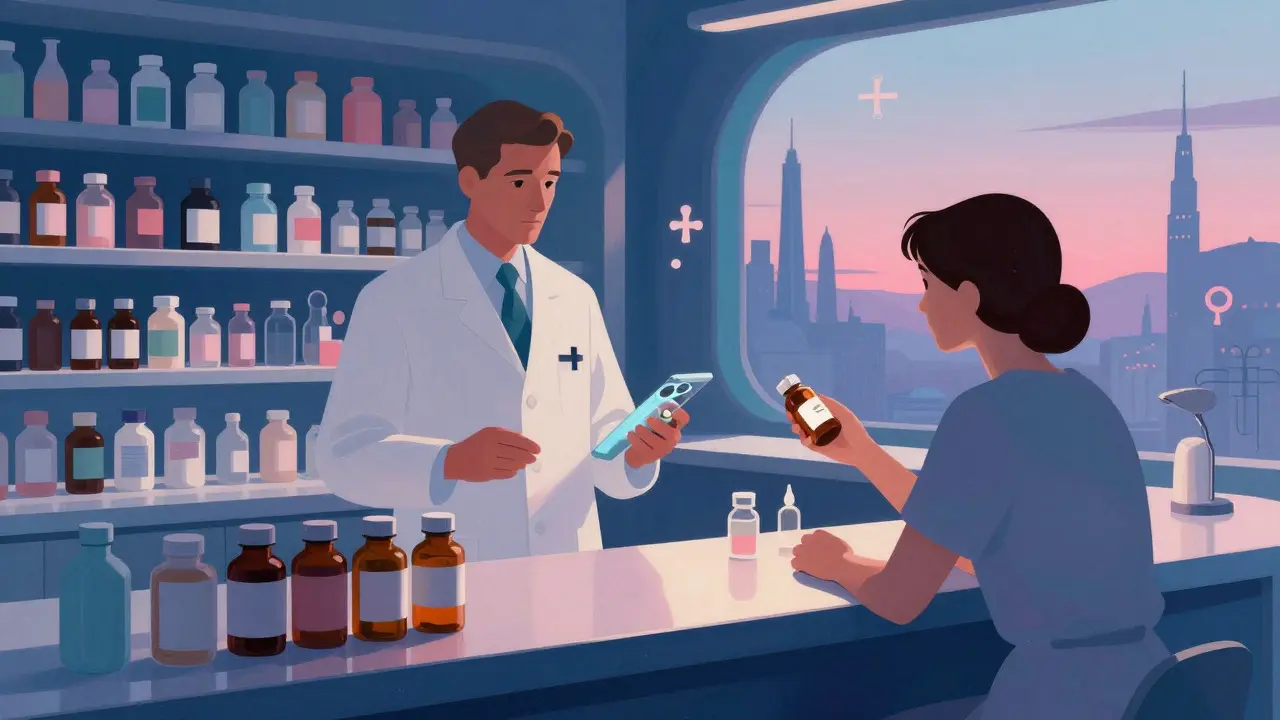 Farmacia futurista donde un paciente examina atentamente su medicamento