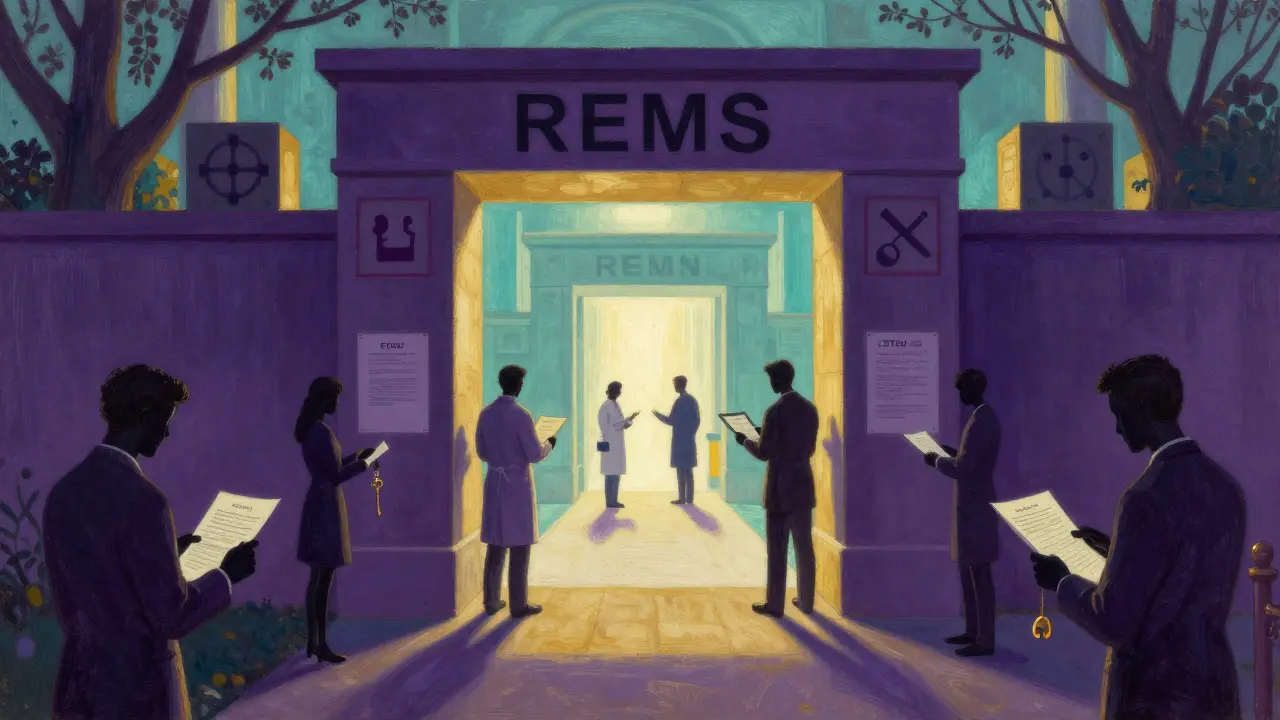 Figuras médicas verificando documentos en una puerta simbólica de regulación REMS