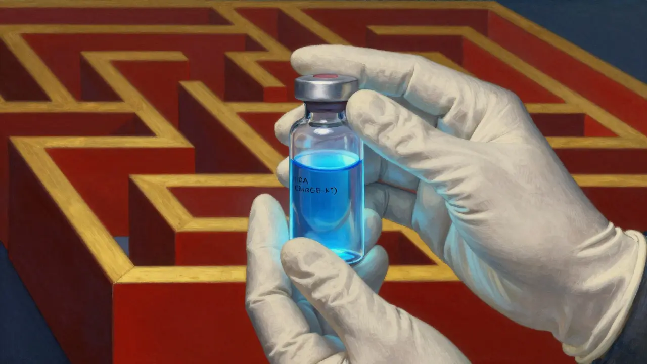 Frasco de medicamento delicado simbolizando los riesgos de los fármacos NTI y biosimilares