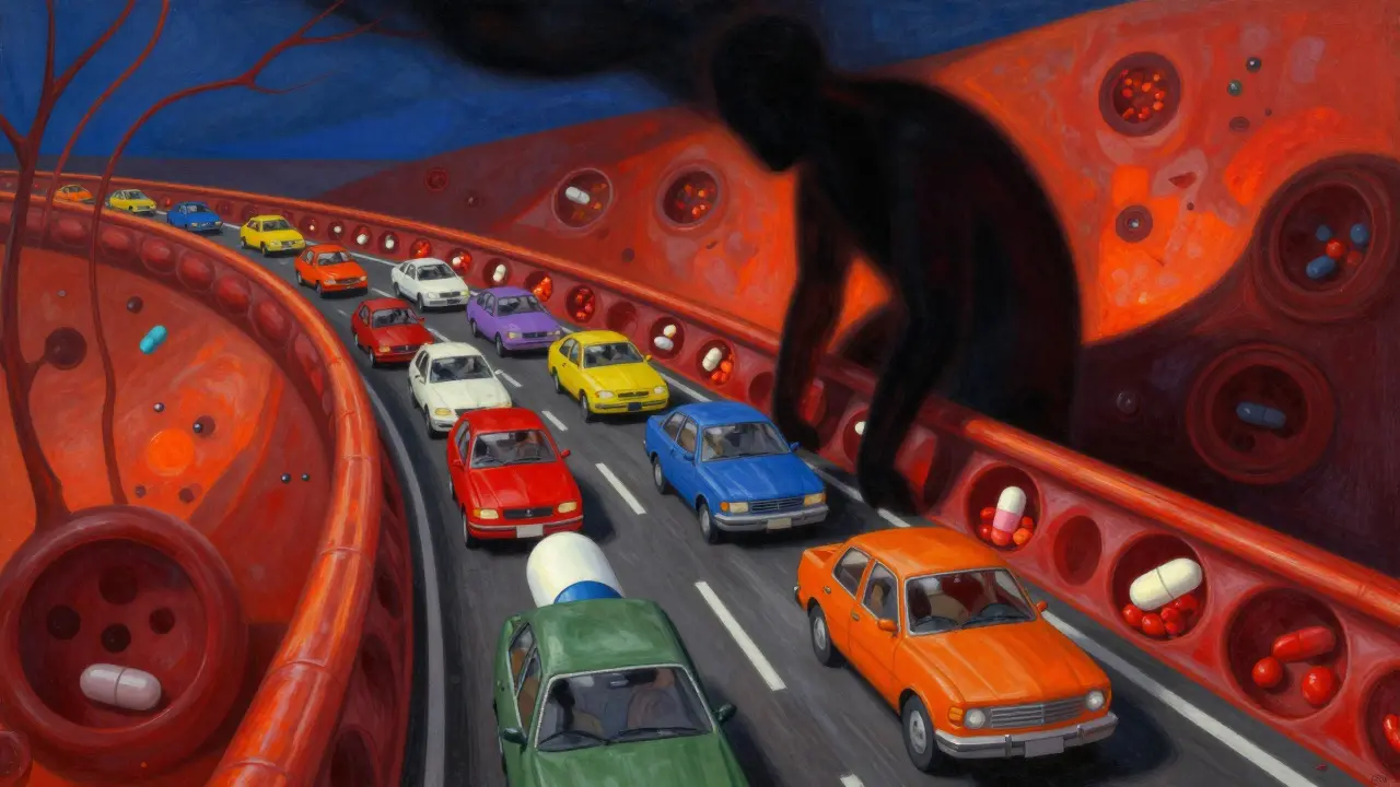 Metáfora visual de medicamentos acumulados como coches atascados en una carretera sanguínea oscura