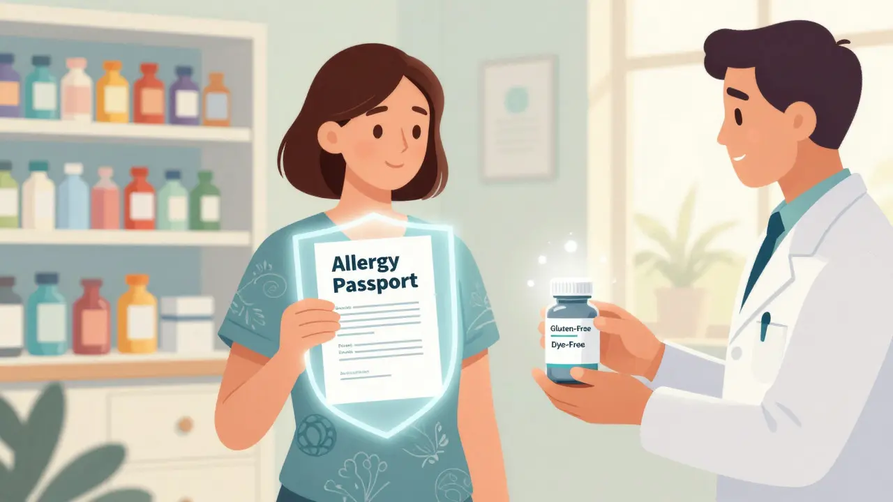 Paciente empoderado con pasaporte de alergias eligiendo medicamento seguro especializado