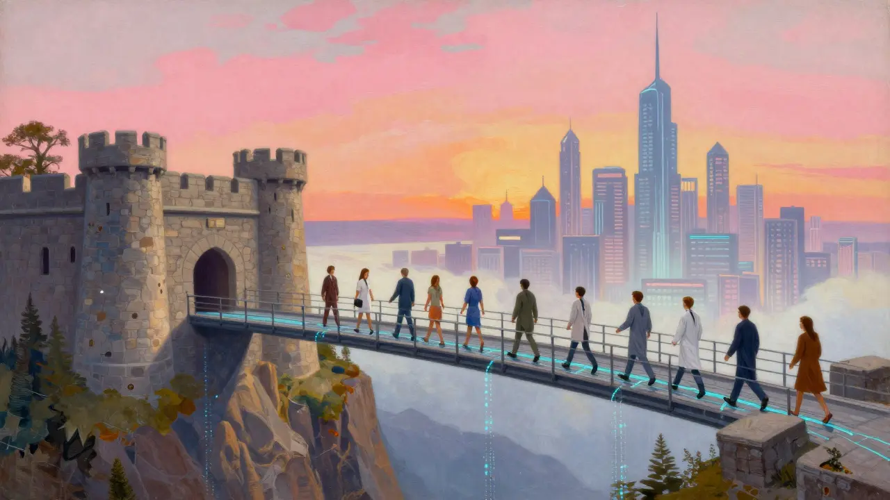 Puente hacia el futuro médico con luz vibrante y arquitectura moderna estilo Parrish
