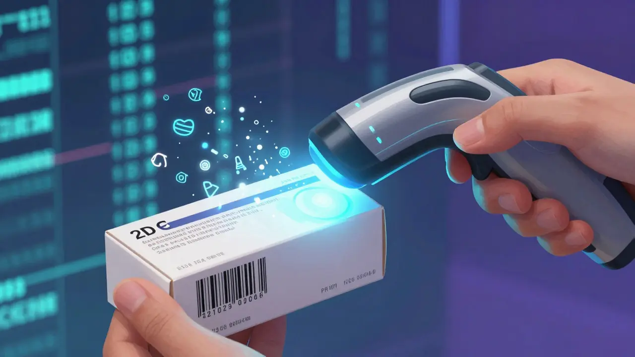 Caja de medicina brillando al ser escaneada por dispositivo futurista