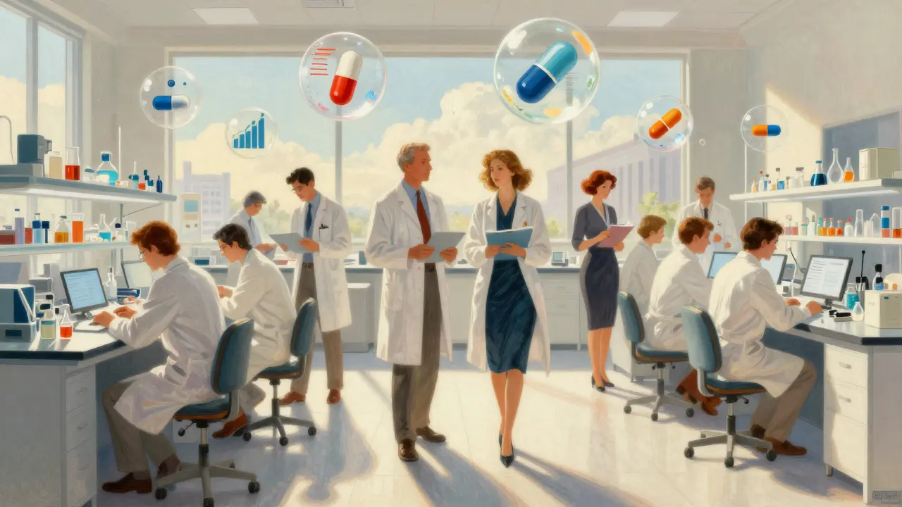Equipo de científicos analizando datos flotantes en un laboratorio luminoso, representando la vigilancia de seguridad clínica.