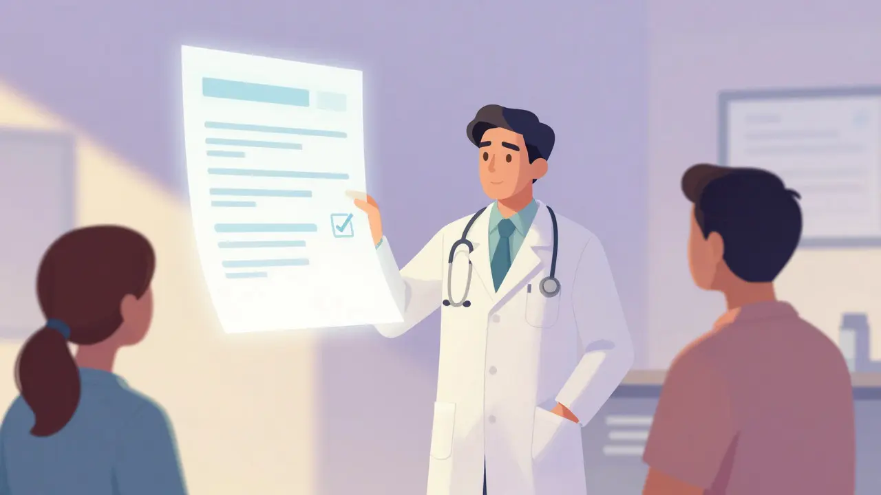 Escena artística de un médico verificando la receta digital junto al paciente