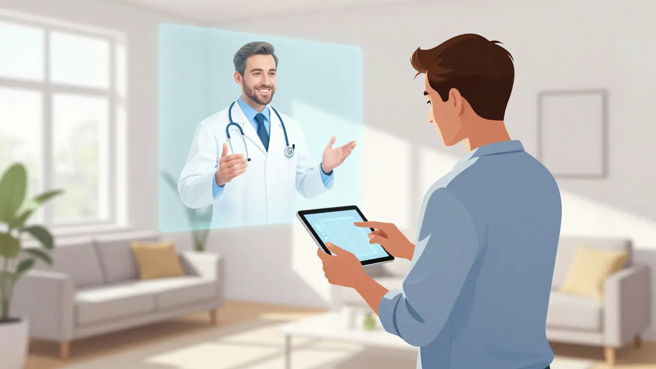 Hombre usando una tableta mientras consulta virtualmente con un médico holográfico