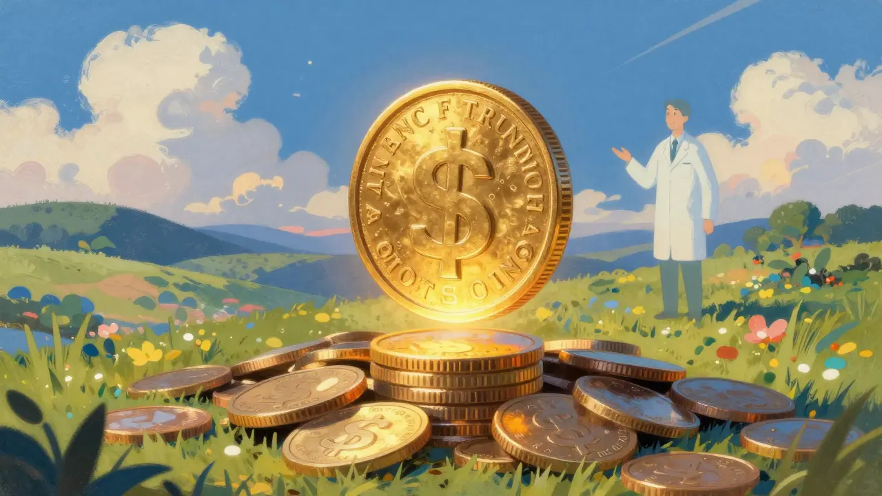 Ilustración conceptual de monedas doradas simbolizando el ahorro al comprar antibióticos genéricos