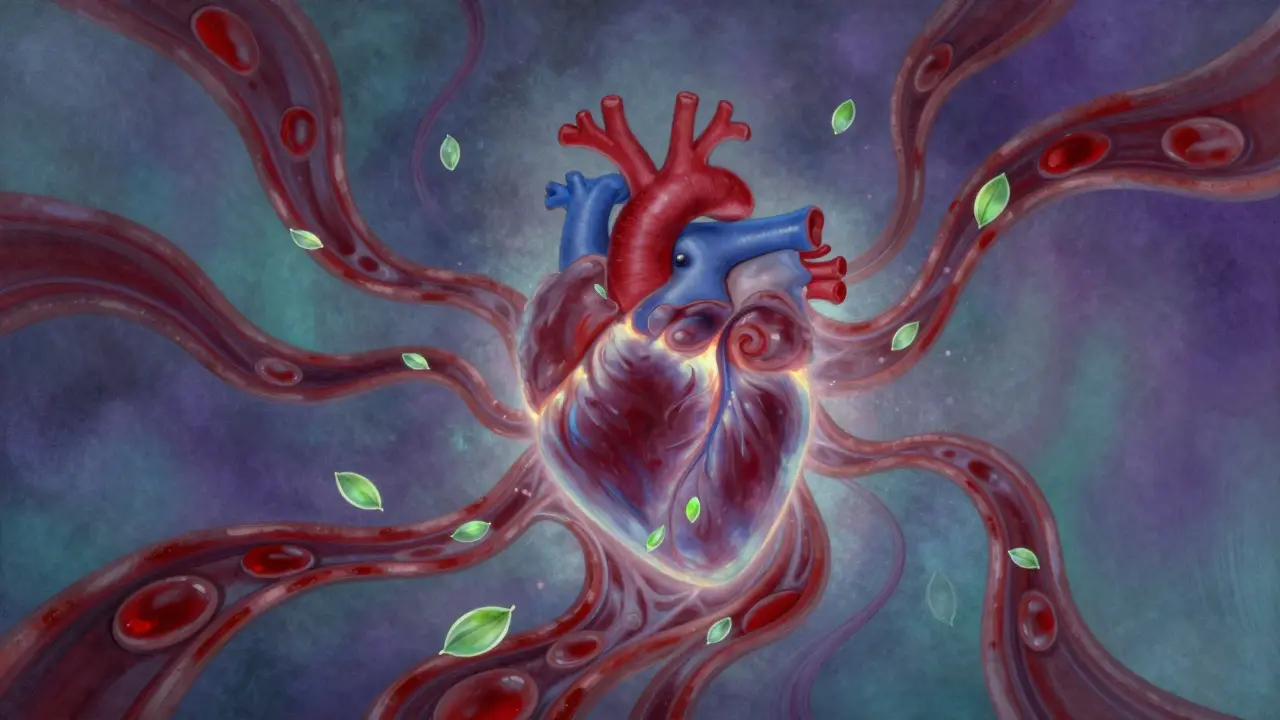Ilustración conceptual del corazón con flujo sanguíneo y hojas de té verde