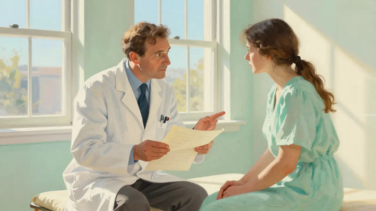 Médico y paciente conversando sobre resultados médicos en una habitación iluminada por el sol