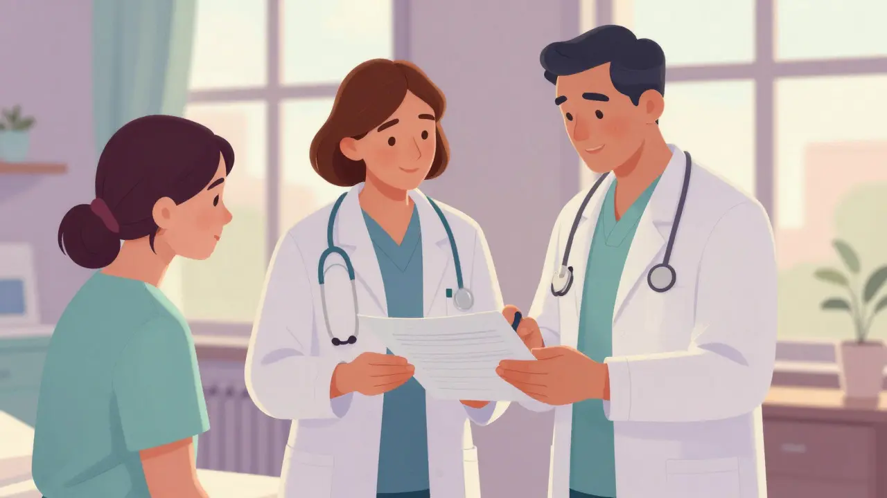 Médicos colaborando para manejar alergias a la insulina en un entorno luminoso