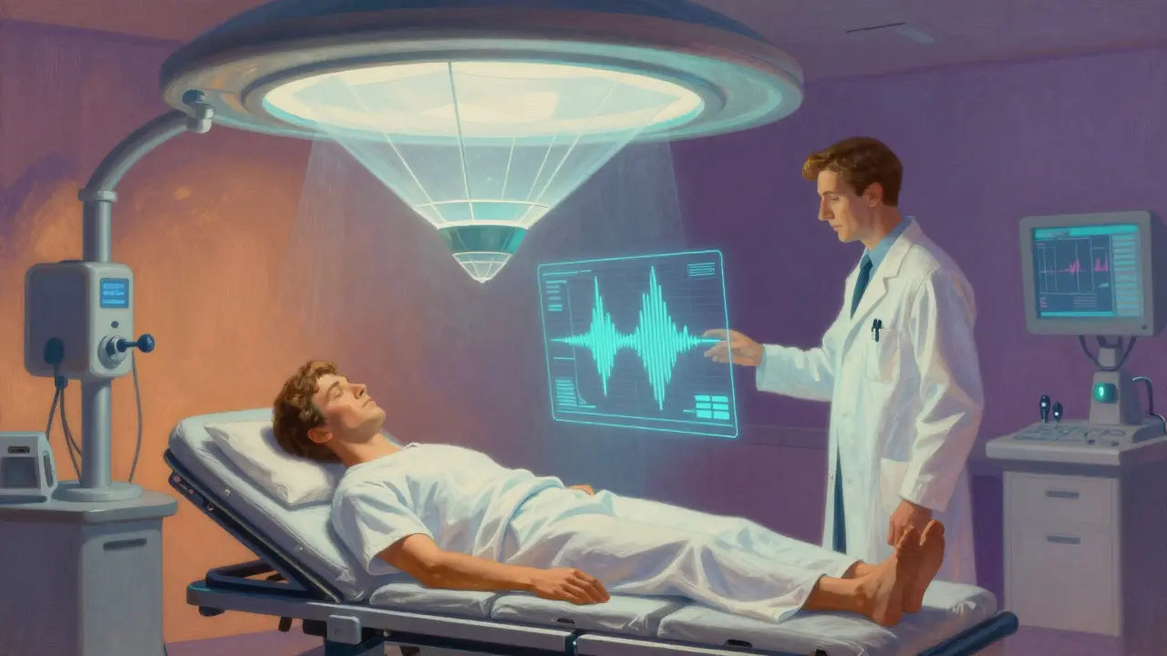 Paciente protegido por luz futurista y tecnología médica