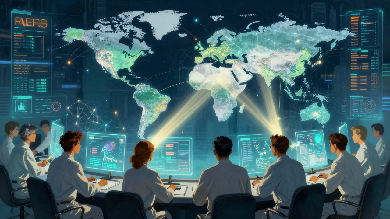 Sala de control futurista con mapas globales y redes de datos regulatorios