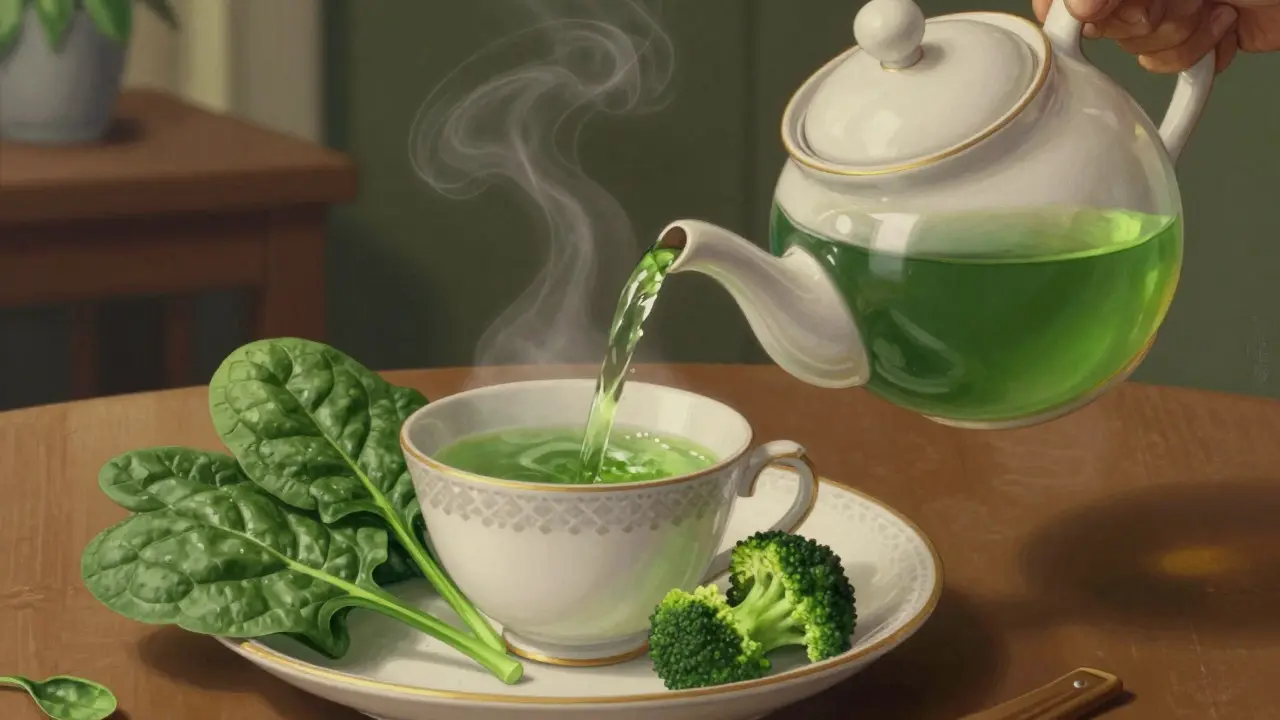 Tetera vertiendo té verde cerca de espinacas y brócoli en una mesa