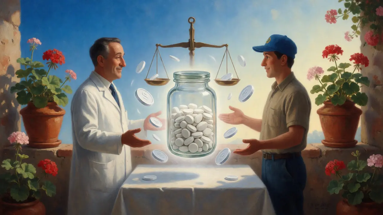 Escena simbólica de equilibrio entre precio y calidad de pastillas genéricas en un balcón español.